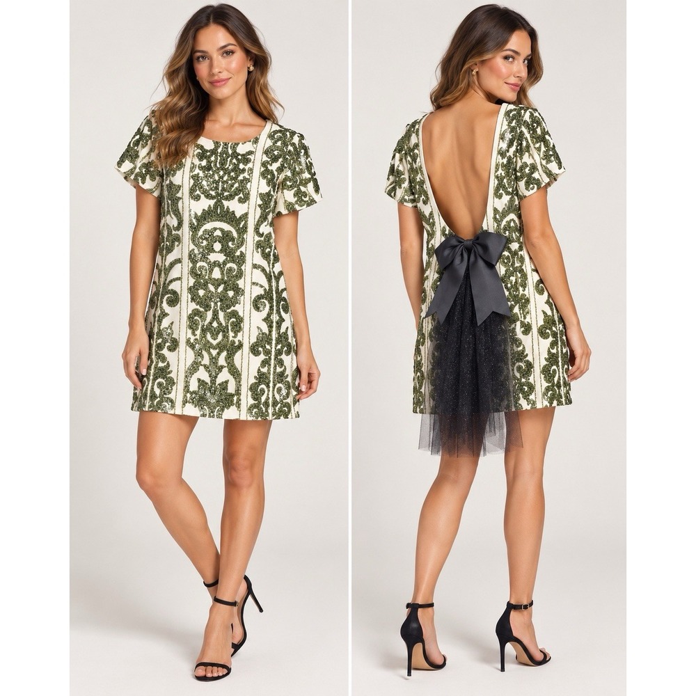 Show Me Your Mumu Sequin Mini Dress M Cream Olive Green Open Back Bow Party